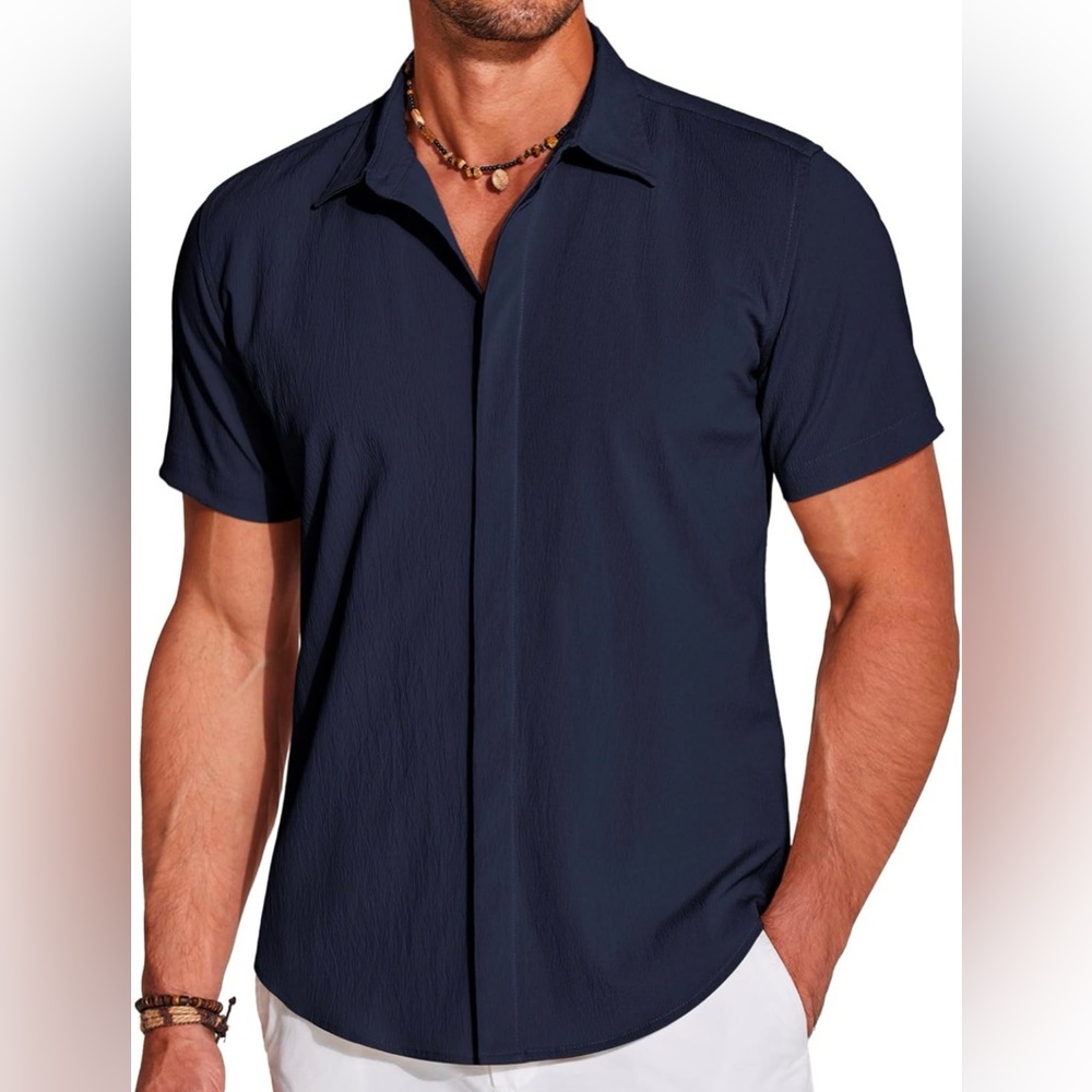 NEW Men's Short Sleeve Button Down Lightweight Textured Stretch Shirt M